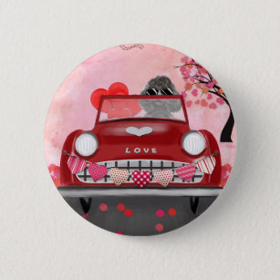 Poodle Dog Car with Hearts Valentine's   6 Cm Round Badge