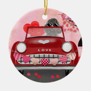 Poodle Dog Car with Hearts Valentine's  Ceramic Tree Decoration