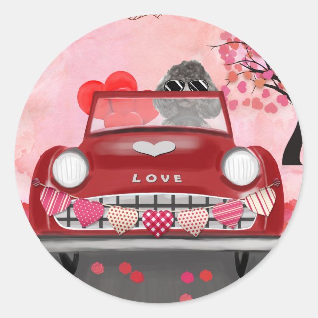 Poodle Dog Car with Hearts Valentine's  Classic Round Sticker (Front)
