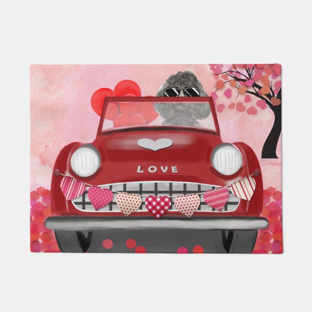 Poodle Dog Car with Hearts Valentine's  Doormat (Front)