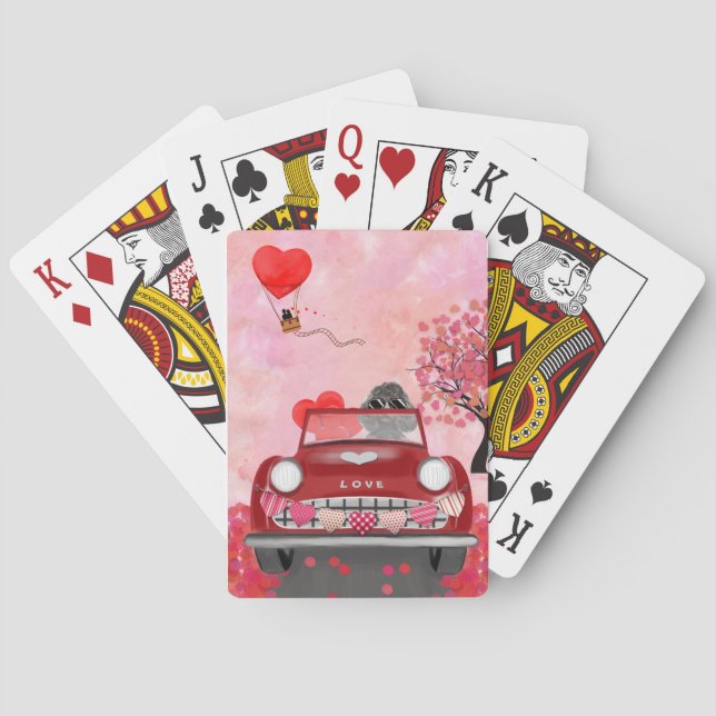 Poodle Dog Car with Hearts Valentine's  Playing Cards (Back)