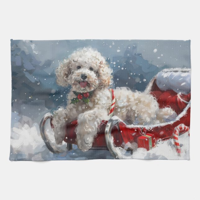 Poodle Dog Christmas Festive Tea Towel (Horizontal)