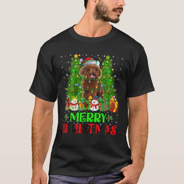 Poodle Dog Christmas Tree Lights Holiday Santa Poo T-Shirt (Front)