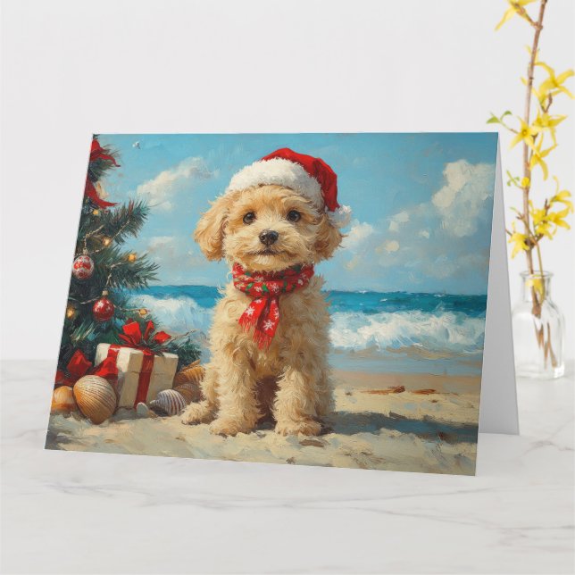 Poodle Dog Christmas Vintage Beach Card (Yellow Flower)