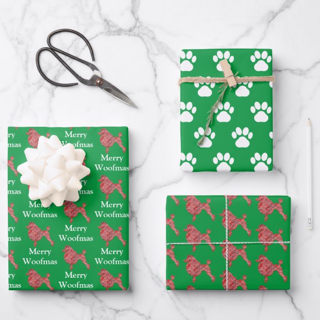 Poodle Dog Cute Silhouette Green Merry Woofmas Wrapping Paper Sheet (Front)