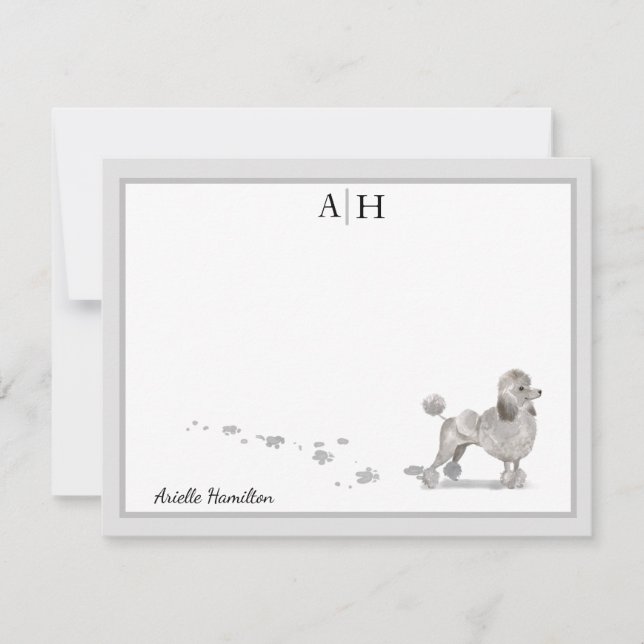 Poodle Dog Grey Border Monogram Personalised Card (Front)