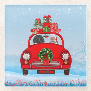 Poodle Dog In Car With Santa Claus  Glass Coaster