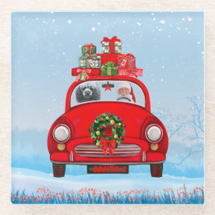 Poodle Dog In Car With Santa Claus Glass Coaster
