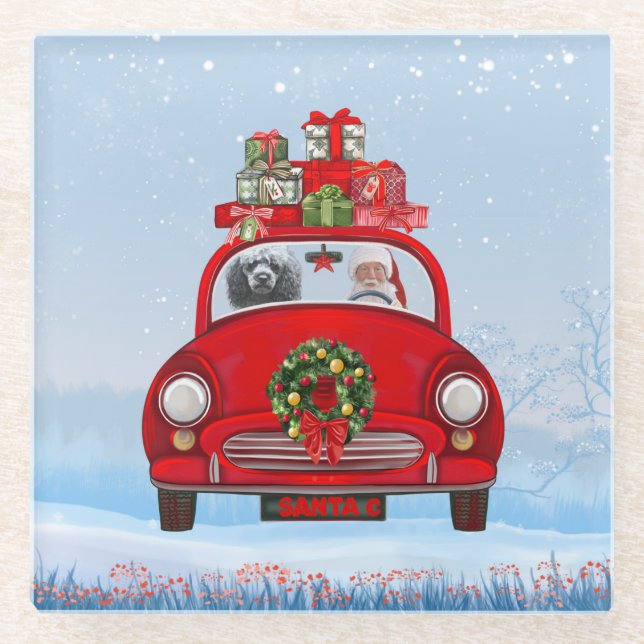 Poodle Dog In Car With Santa Claus Glass Coaster (Front)