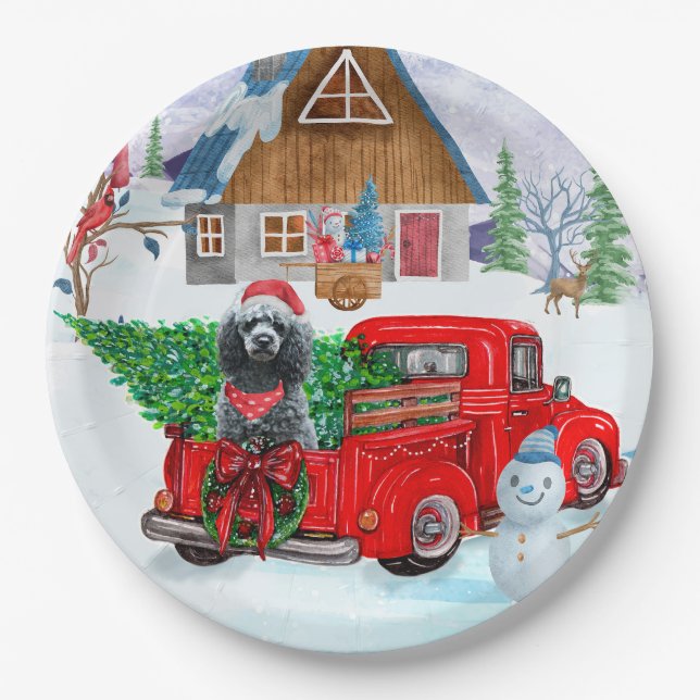 Poodle Dog In Christmas Delivery Truck Snow Paper Plate (Front)