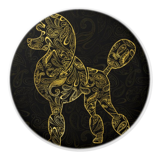 Poodle Dog in  Gold Paisley pattern Ceramic Knob (Front)