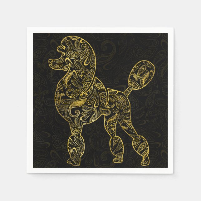 Poodle Dog in  Gold Paisley pattern Napkin (Front)