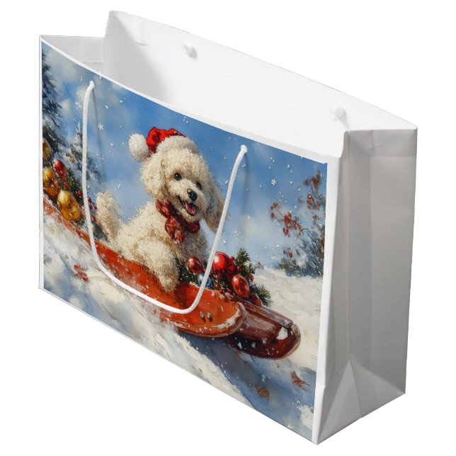 Poodle Dog in Sledge Let it Snow Christmas Large Gift Bag (Front Angled)