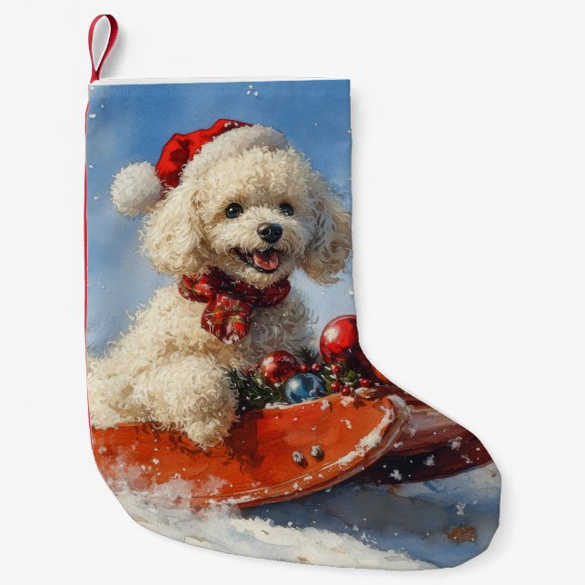 Poodle Dog in Sledge Let it Snow Christmas Small Christmas Stocking (Front)
