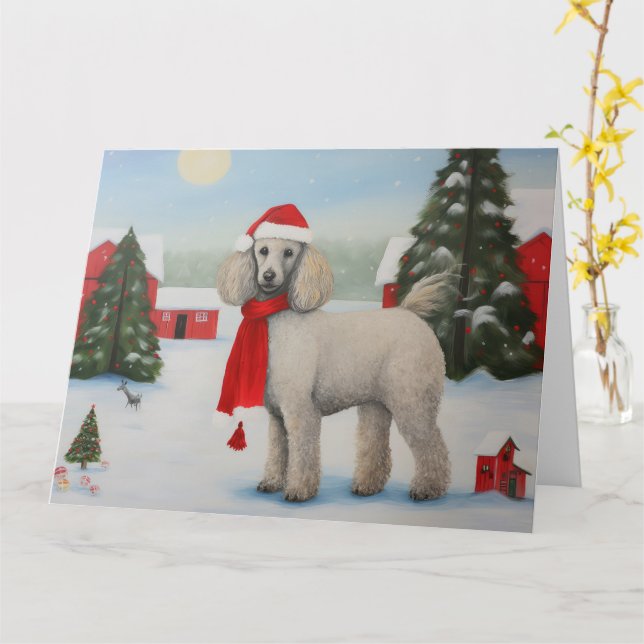 Poodle Dog in Snow Christmas Card (Yellow Flower)