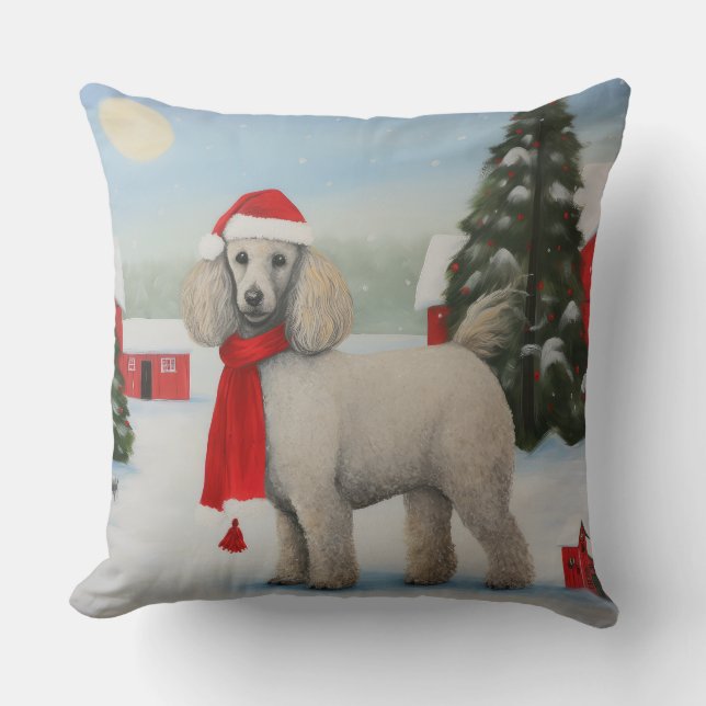 Poodle Dog in Snow Christmas Cushion (Front)