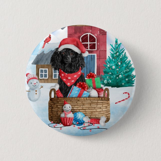 Poodle  Dog In snow Christmas Dog House  6 Cm Round Badge (Front)