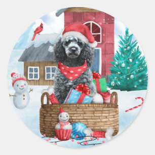 Poodle Dog In snow Christmas Dog House Classic Round Sticker