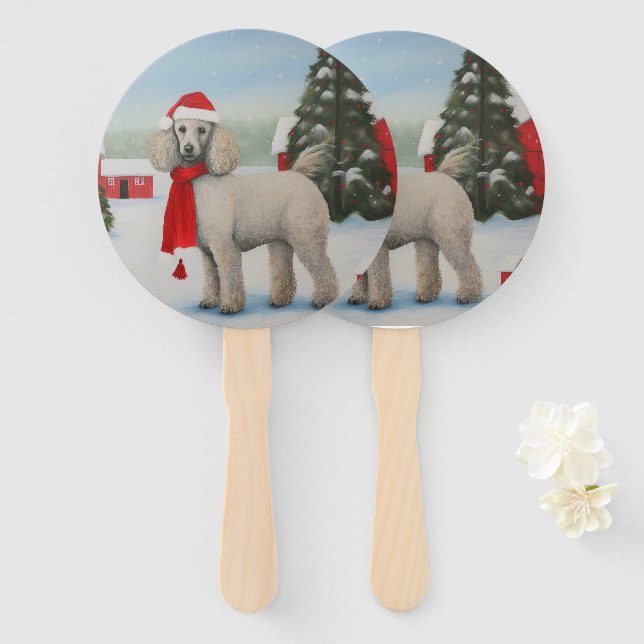 Poodle Dog in Snow Christmas Hand Fan (Front and Back)