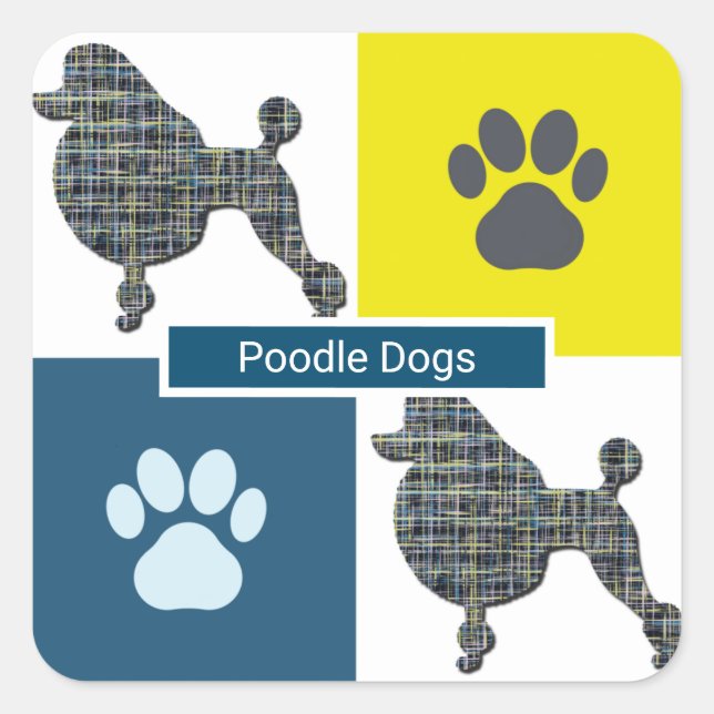 Poodle Dog & Paw Y&B Grid Square Sticker (Front)