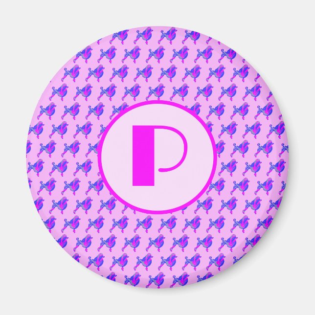 Poodle Dog Pink & Blue Silhouette Monogram Magnet (Front)