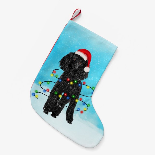 Poodle Dog Sitting In Snow With Santa Hat Lights Small Christmas Stocking (Front (Hanging))