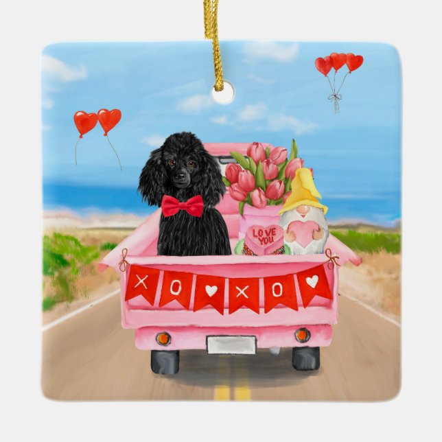 Poodle Dog Valentine's Day Truck Hearts Ceramic Ornament (Front)