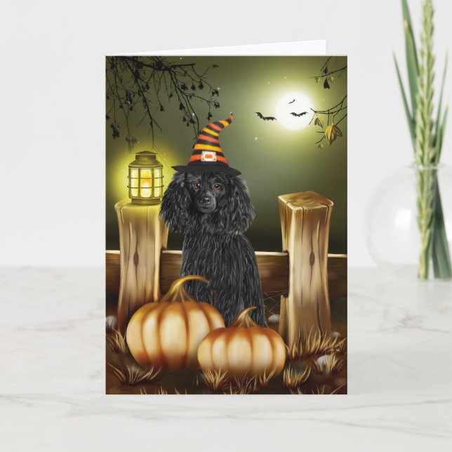Poodle Dog with Witch Hat Halloween  Card (Front)