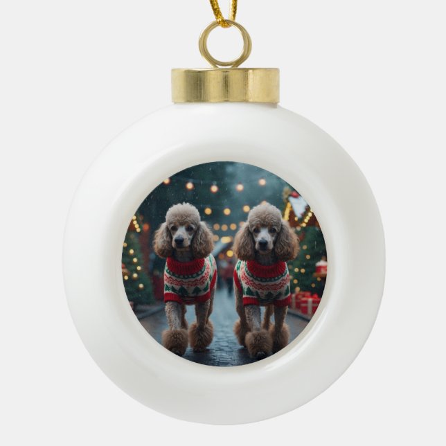 Poodle Dogs Christmas Snow Holiday  Ceramic Ball Christmas Ornament (Front)