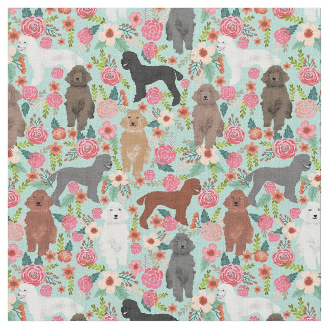 poodle dogs vintage florals mint fabric (Close Up)