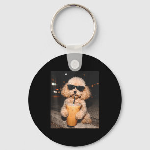 Poodle drinking iced coffee funny dog meme key ring