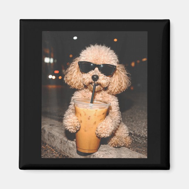Poodle drinking iced coffee funny dog meme  magnet (Front)