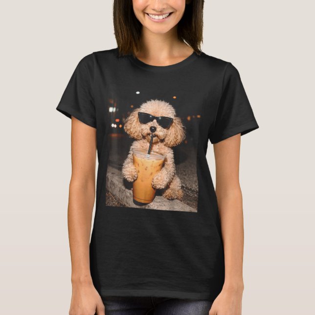 Poodle drinking iced coffee funny dog meme  T-Shirt (Front)