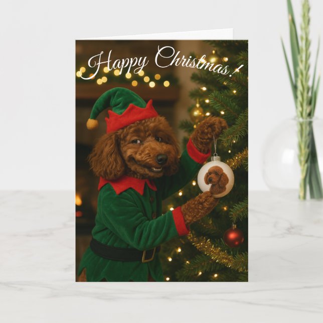 Poodle Elf cute funny bauble Christmas card (Front)