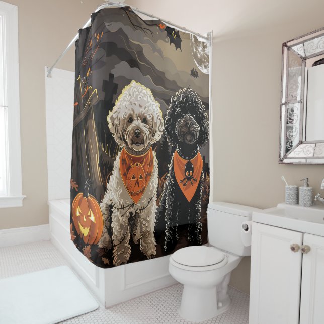 Poodle Halloween Spooky Shower Curtain (In Situ)