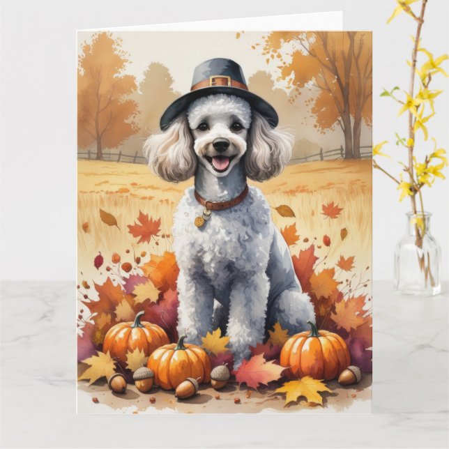 Poodle In Autumn Leaves Thanksgiving Art Card (Yellow Flower)