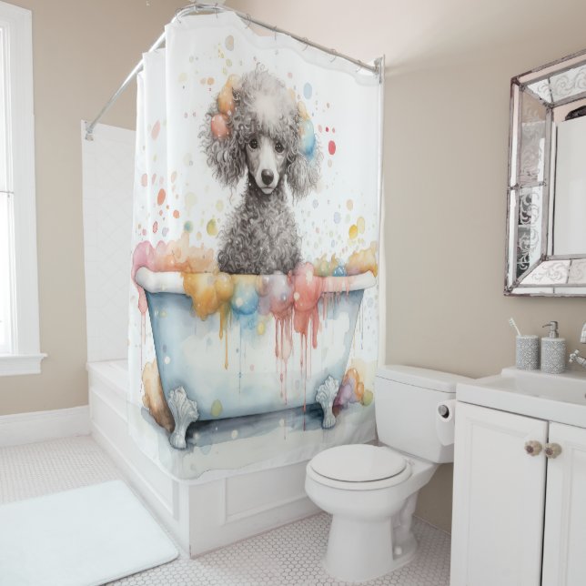 Poodle In Bathtub Watercolor Dog Art  Shower Curtain (In Situ)