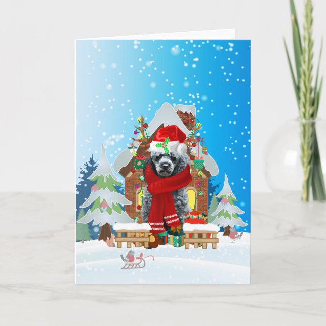 Poodle in snow with Christmas gifts  Card (Front)