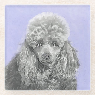 Poodle Miniature Toy Silver Grey Blue Dog Art Glass Coaster
