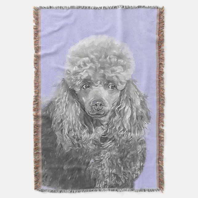Poodle Miniature Toy Silver Grey Blue Dog Art Throw Blanket (Front Vertical)