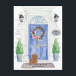 Poodle Moving Announcement Postcard<br><div class="desc">Announce your new address with our stylish announcement featuring a poodle,  blue front door,  welcome mat,  slate sign,  topiaries and a floral wreath set on a grey brick background.</div>