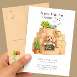 Poodle New House Moving Announcement  Postcard<br><div class="desc">Announce your move in a sweet and memorable way with this adorable Poodle moving announcement card featuring a cute curly-haired puppy peeking out from a stack of moving boxes holding a “We’ve Moved” sign. The soft watercolor illustration and cozy moving details make it perfect for dog lovers sharing their exciting...</div>