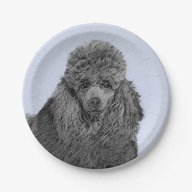 Poodle Painting Miniature Toy Black Original Art Paper Plate (Front)