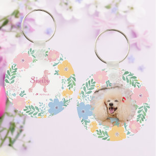 Poodle Pastel Pink Silhouette with Flower Wreath Key Ring