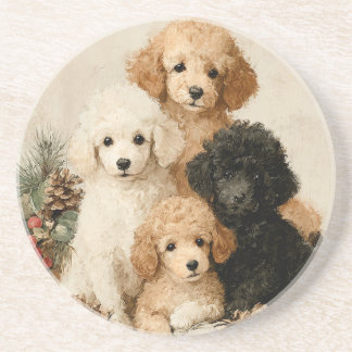 Poodle Puppies Vintage Christmas Coaster