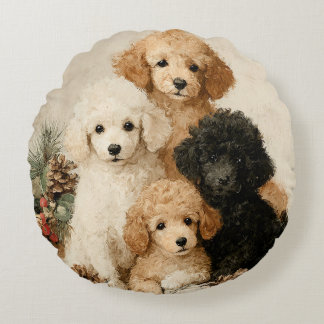 Poodle Puppies Vintage Christmas Round Cushion