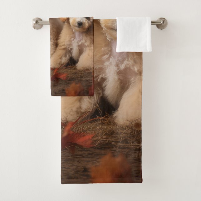 Poodle Puppy Autumn Delight Pumpkin Bath Towel Set (Insitu)