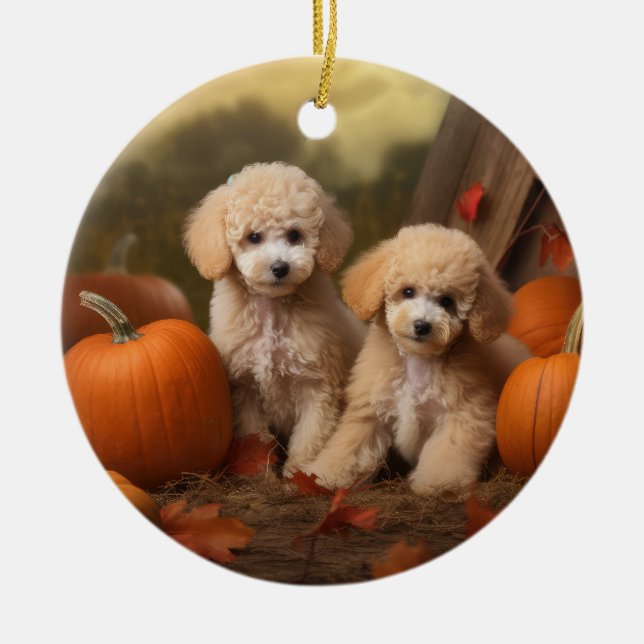 Poodle Puppy Autumn Delight Pumpkin Ceramic Tree Decoration (Front)