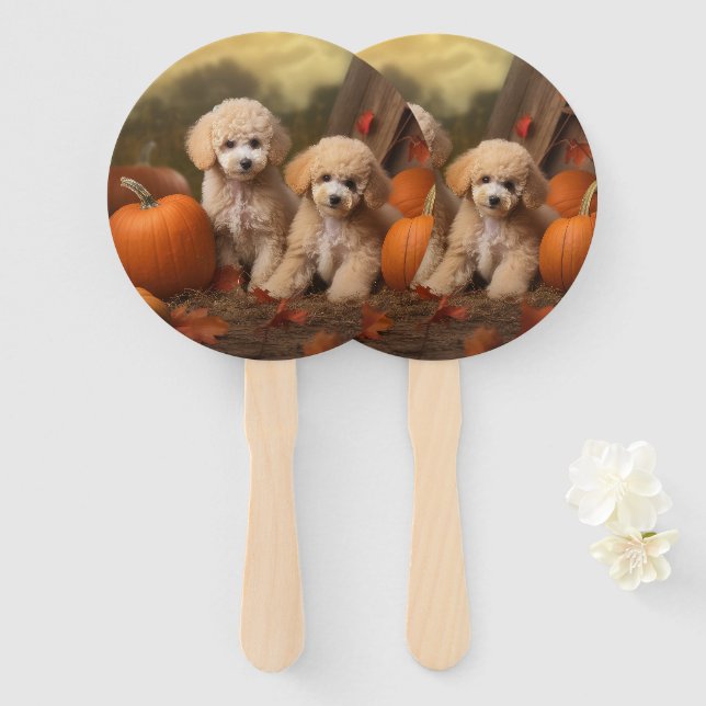 Poodle Puppy Autumn Delight Pumpkin Hand Fan (Front and Back)