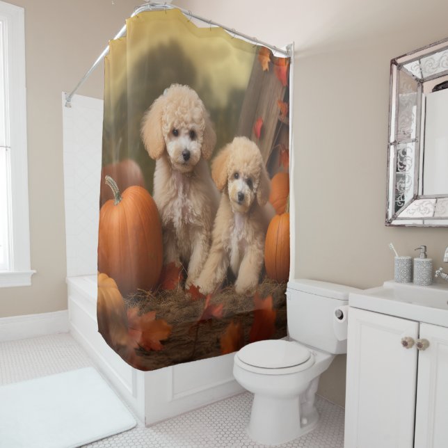Poodle Puppy Autumn Delight Pumpkin Shower Curtain (In Situ)
